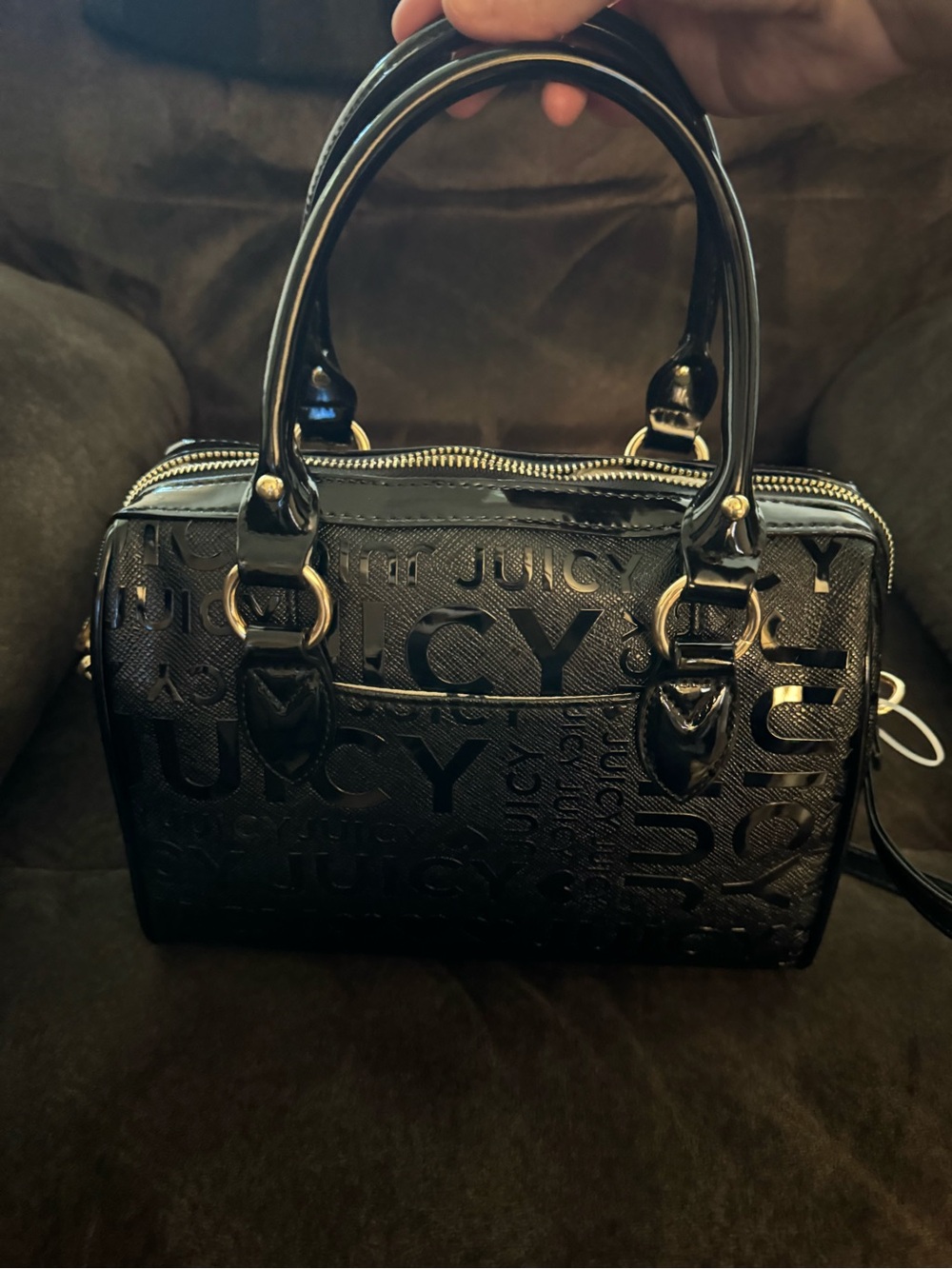 Juicy Couture Black Patent Logo Satchel with Gold Hardware